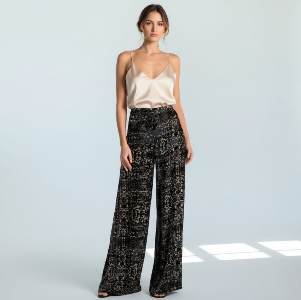 NWT Haute Hippie Psycho Velvet Burn Out Wide-Leg Pants Size 6 Fully Lined